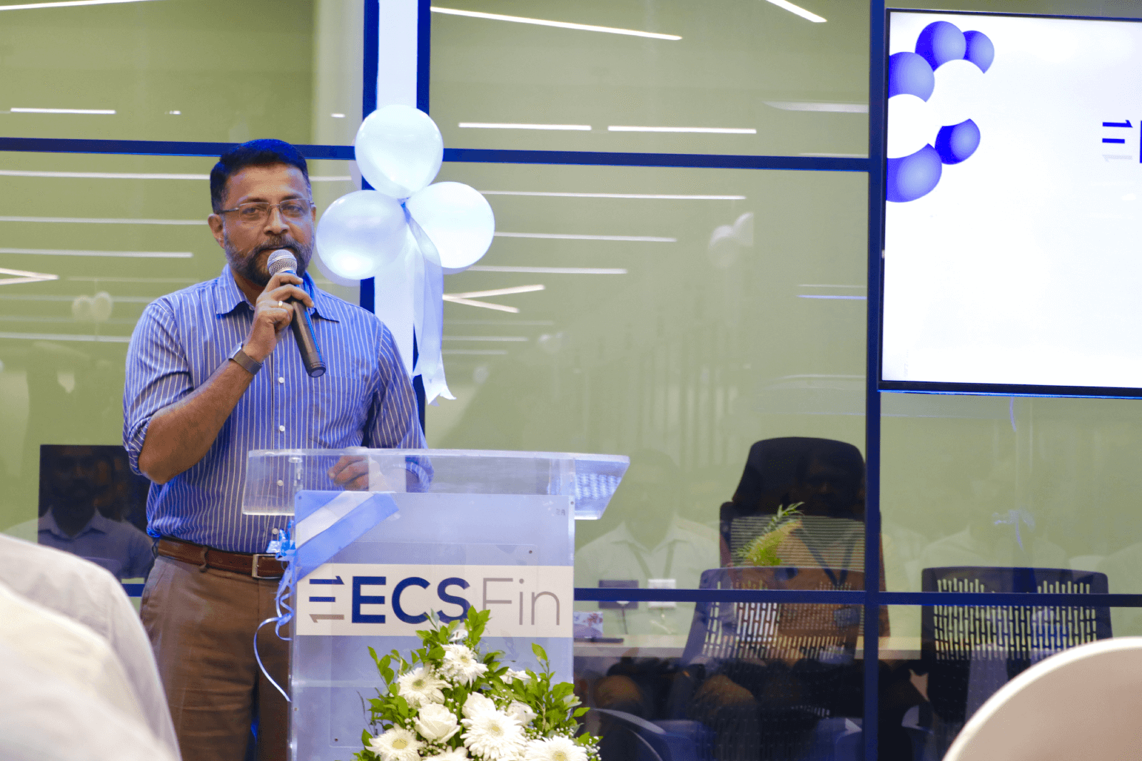 CEO Technopark, Col Sanjeev Nair (Retd.) speaking to the audience at the ECS Fin office launch.