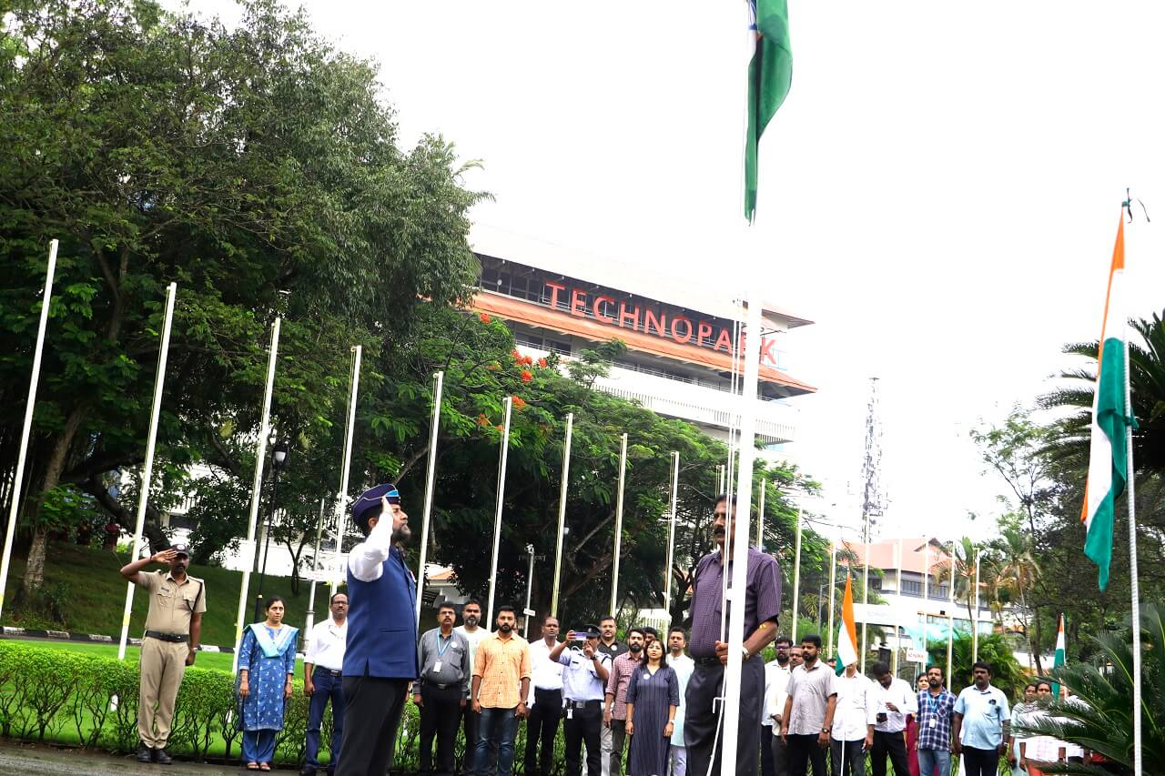 Celebrating India's 78th Independence Day: CEO Technopark salutes the hoisted national flag.