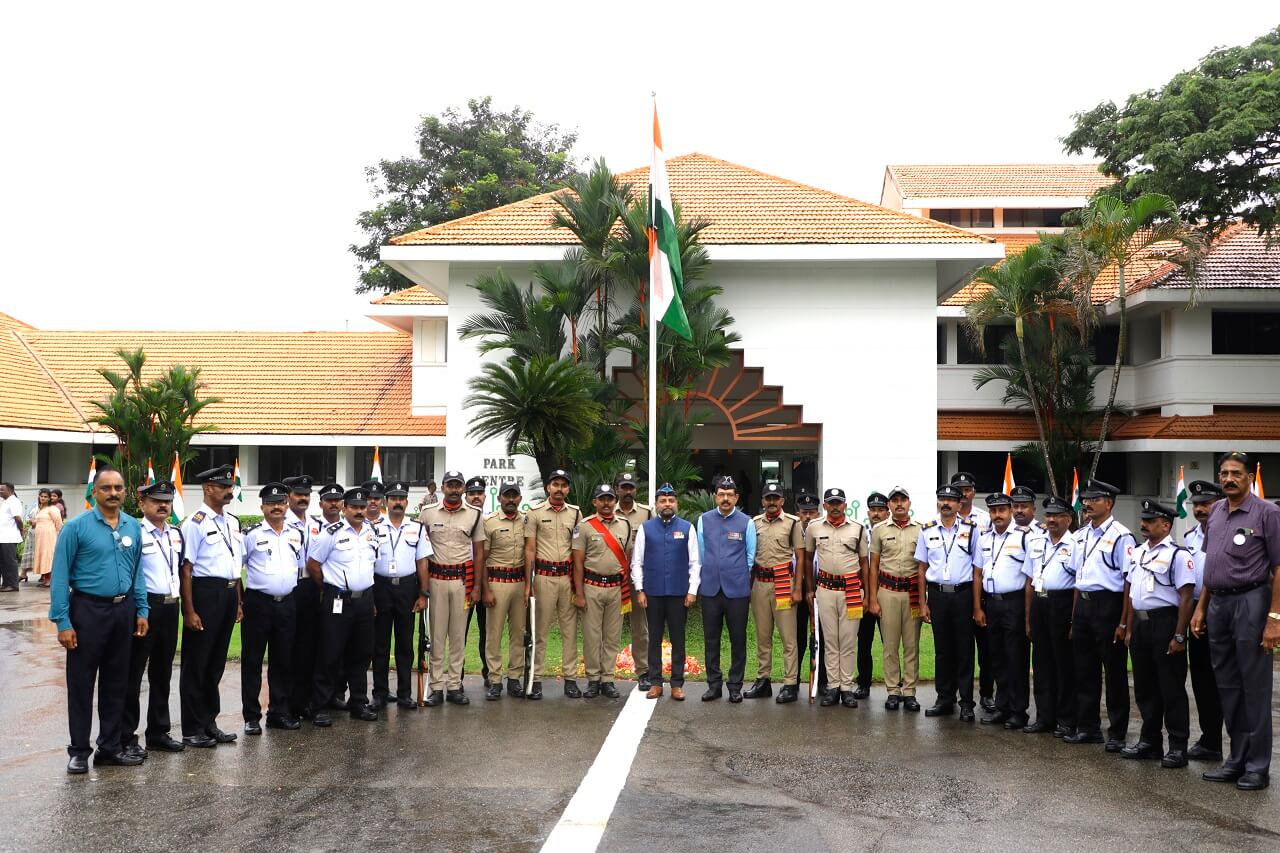 CEO Technopark with the campus security personnel at the Independence Day celebrations at Phase I.