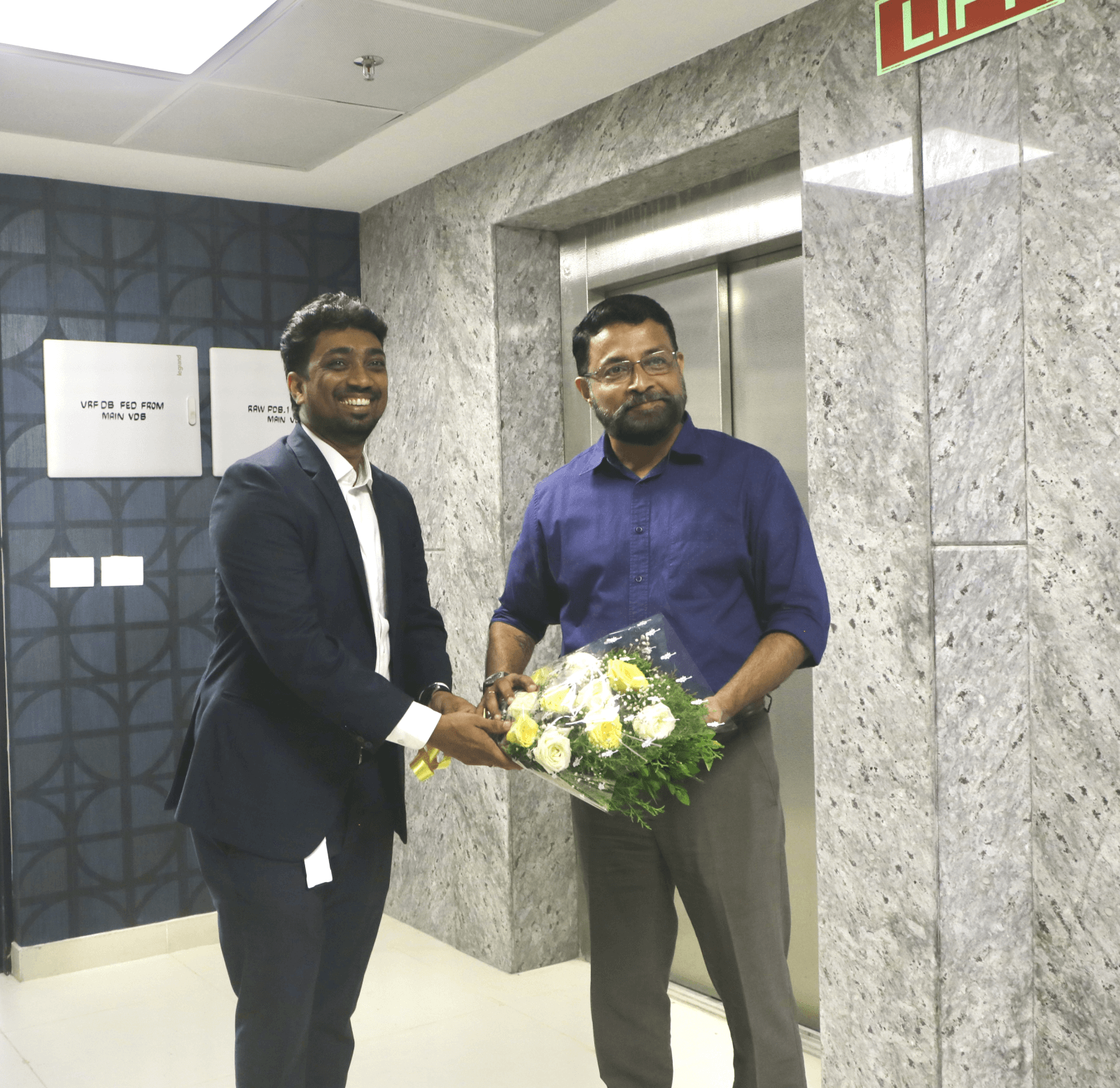 Mr. Sajan S Nandan, CEO and Founder at NxtGenix Solutions, welcoming Col Sanjeev Nair (Retd), CEO, Technopark to the new office premises.