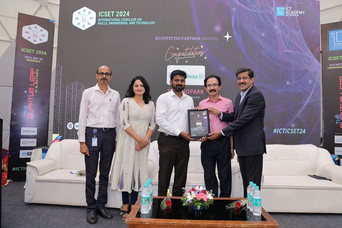 The ICT Academy of Kerala awarded Technopark the prestigious Ecosystem Partner (Trivandrum) Award. Mr. Abhilash D.S., Asst. General Manager (Administration & Industrial Relations), Technopark, received the award at ICSET 2024.