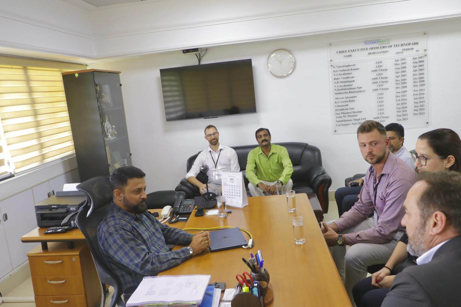 Team TelcoTech Solutions, including Mr. Wilhelm Pfeifer, Chairman, visiting from Baar, Switzerland, with Col Sanjeev Nair (Retd), CEO Technopark.